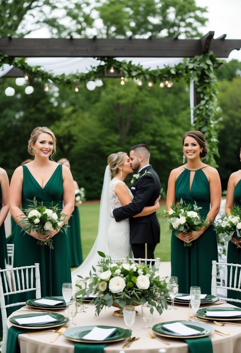 An outdoor wedding ceremony with army green accents in the form of foliage, table linens, and bridesmaid dresses