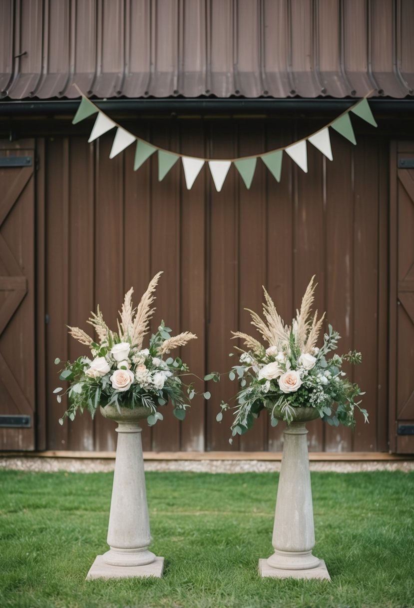 A rustic brown barn adorned with army green bunting and floral arrangements