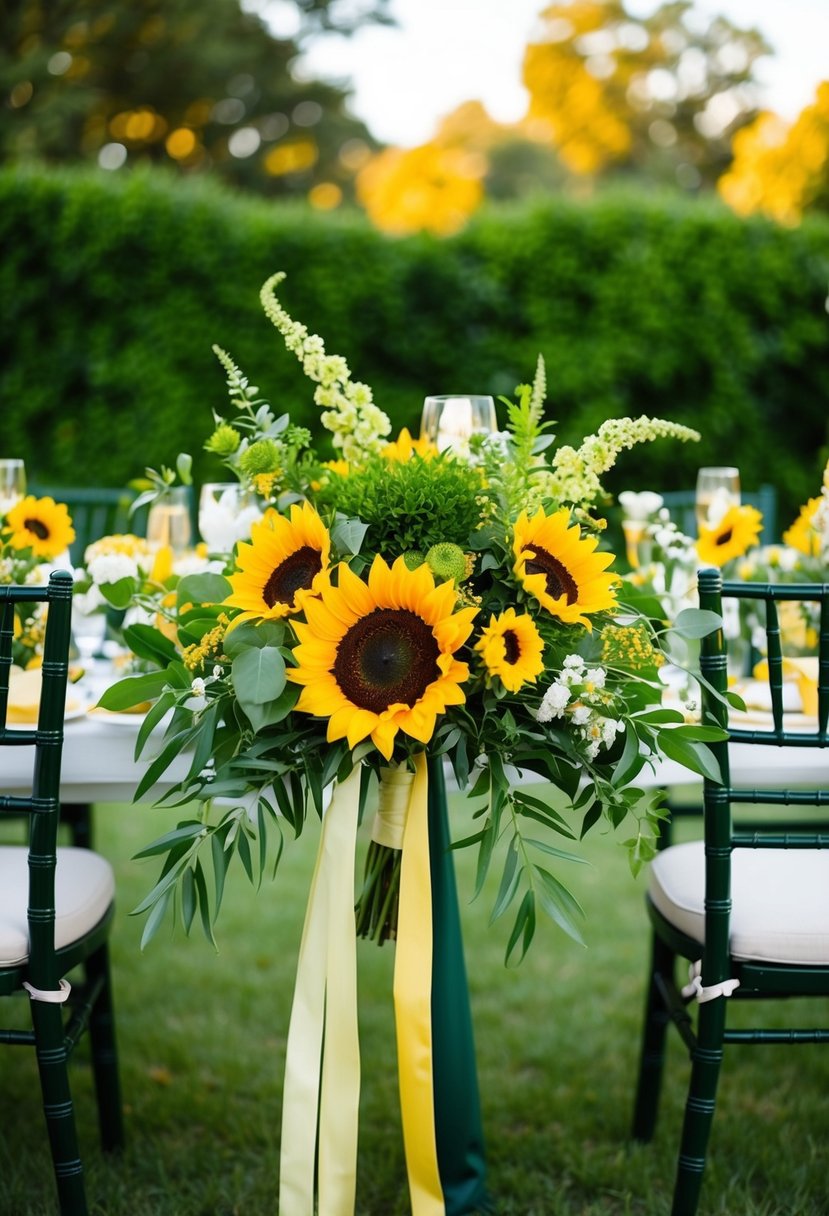 Army green and sunflower yellow intertwine in a lush, outdoor wedding setting, with floral arrangements and decor reflecting the vibrant color scheme