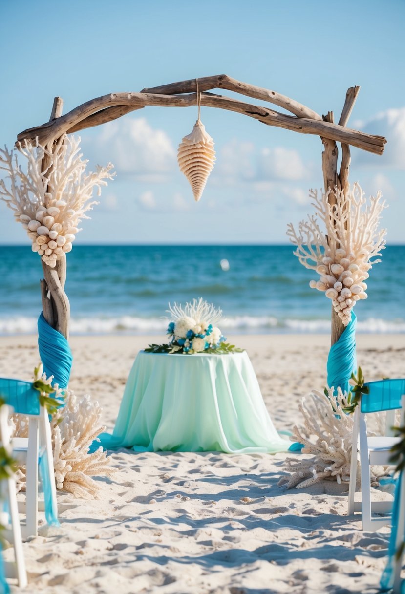 A beachfront wedding with seashell and coral decorations, a driftwood arch, and blue and green color scheme