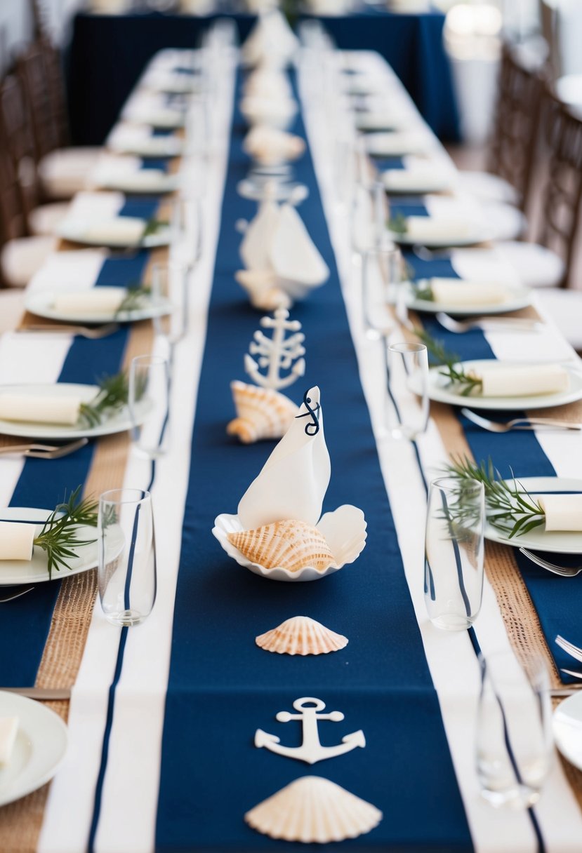 A nautical-themed wedding reception with navy and white striped table runners, adorned with seashells and anchor motifs