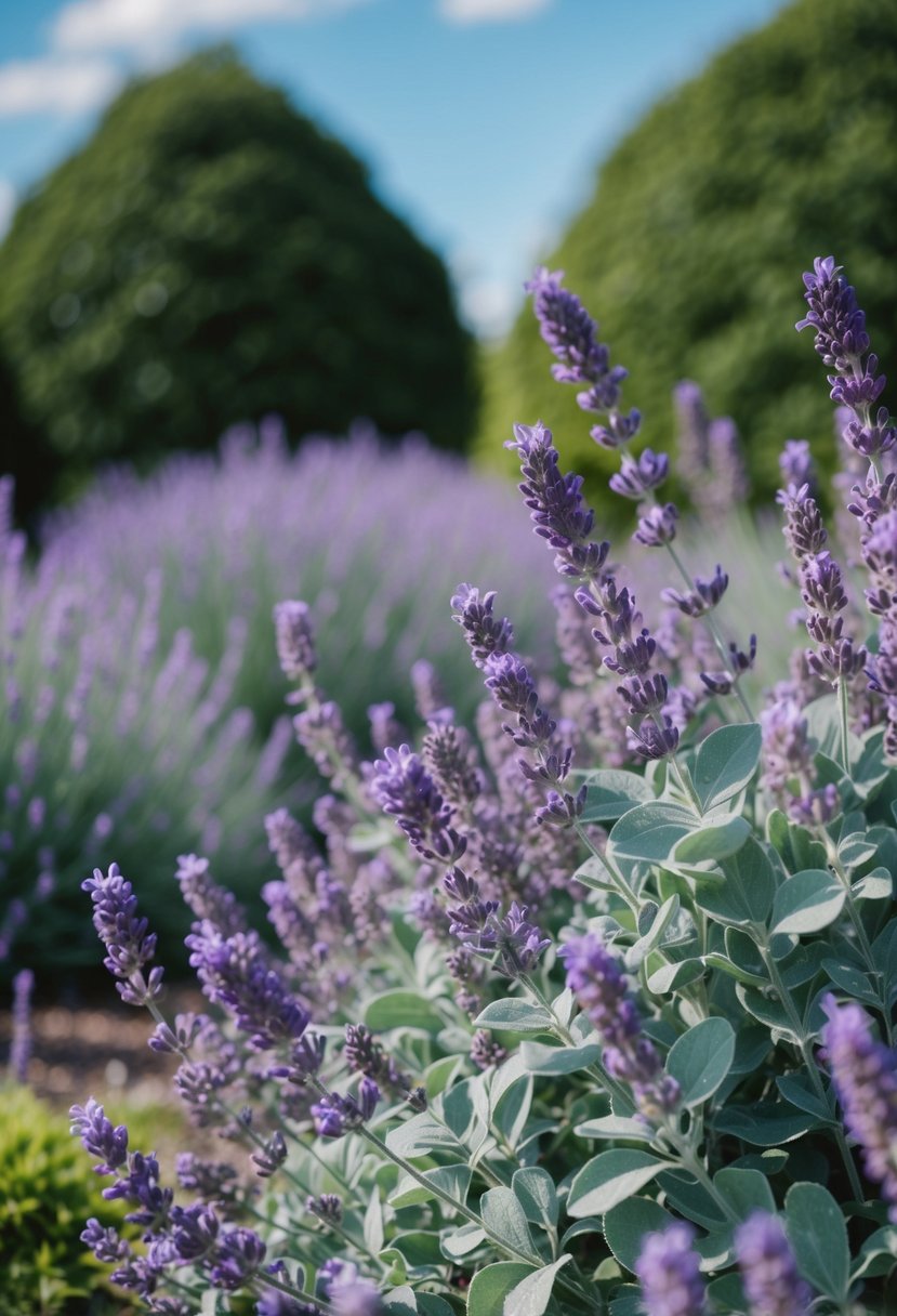 A serene garden with lavender blooms and sage green foliage, set against a backdrop of a clear blue sky