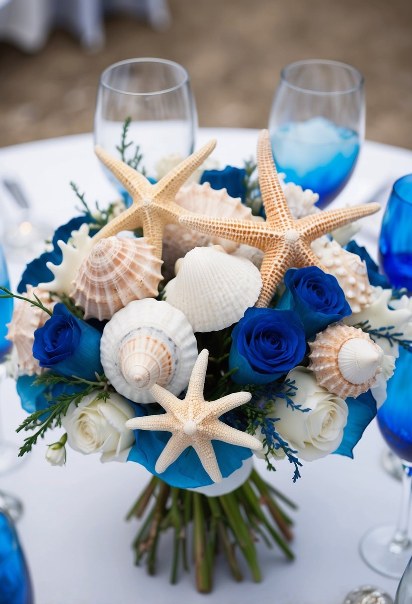 A bridal bouquet with seashells, starfish, and coral, nestled among white and blue flowers, creating a marine-themed wedding centerpiece