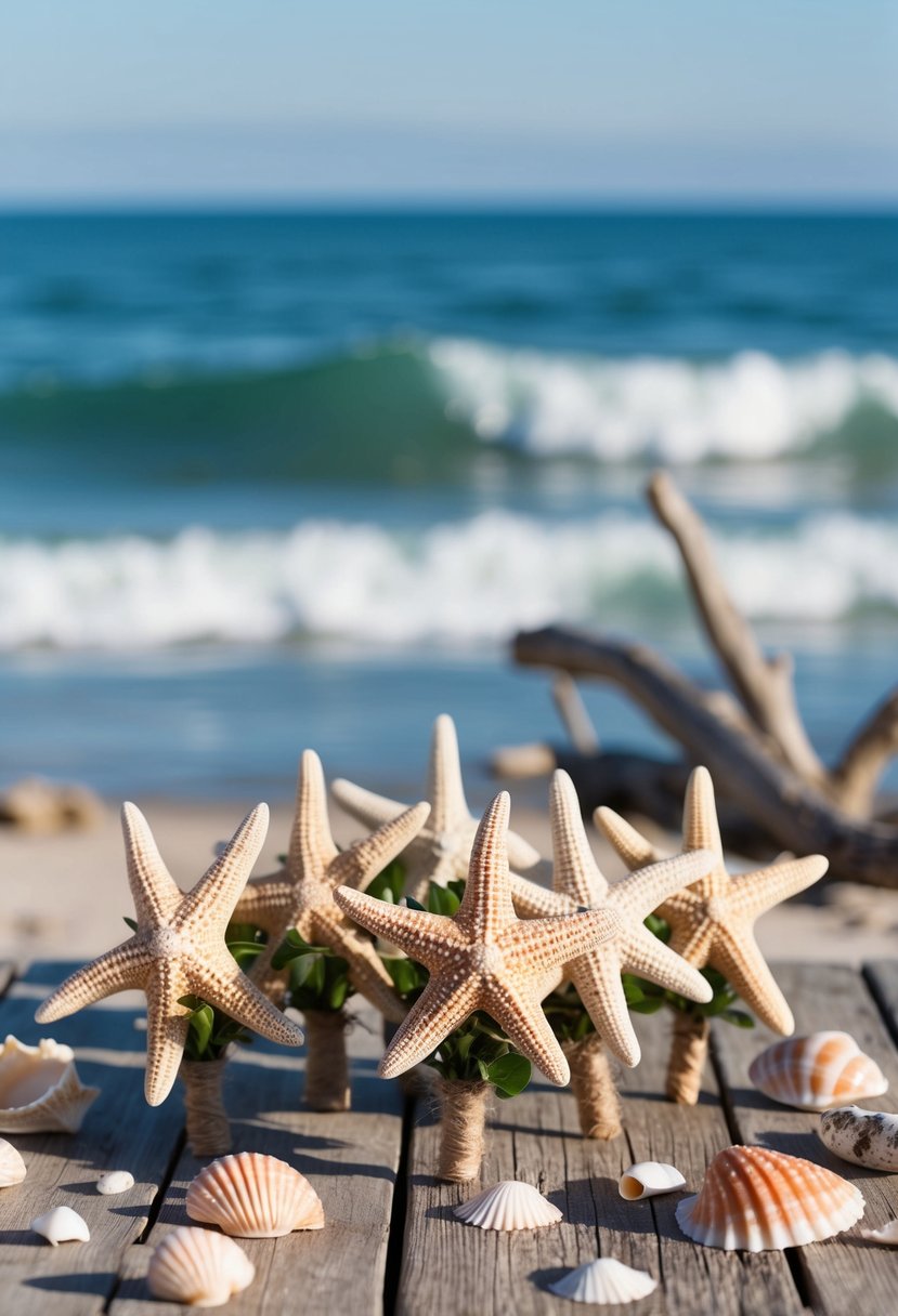 A group of starfish boutonnières arranged on a rustic wooden table with scattered seashells and driftwood, surrounded by soft ocean waves and a clear blue sky