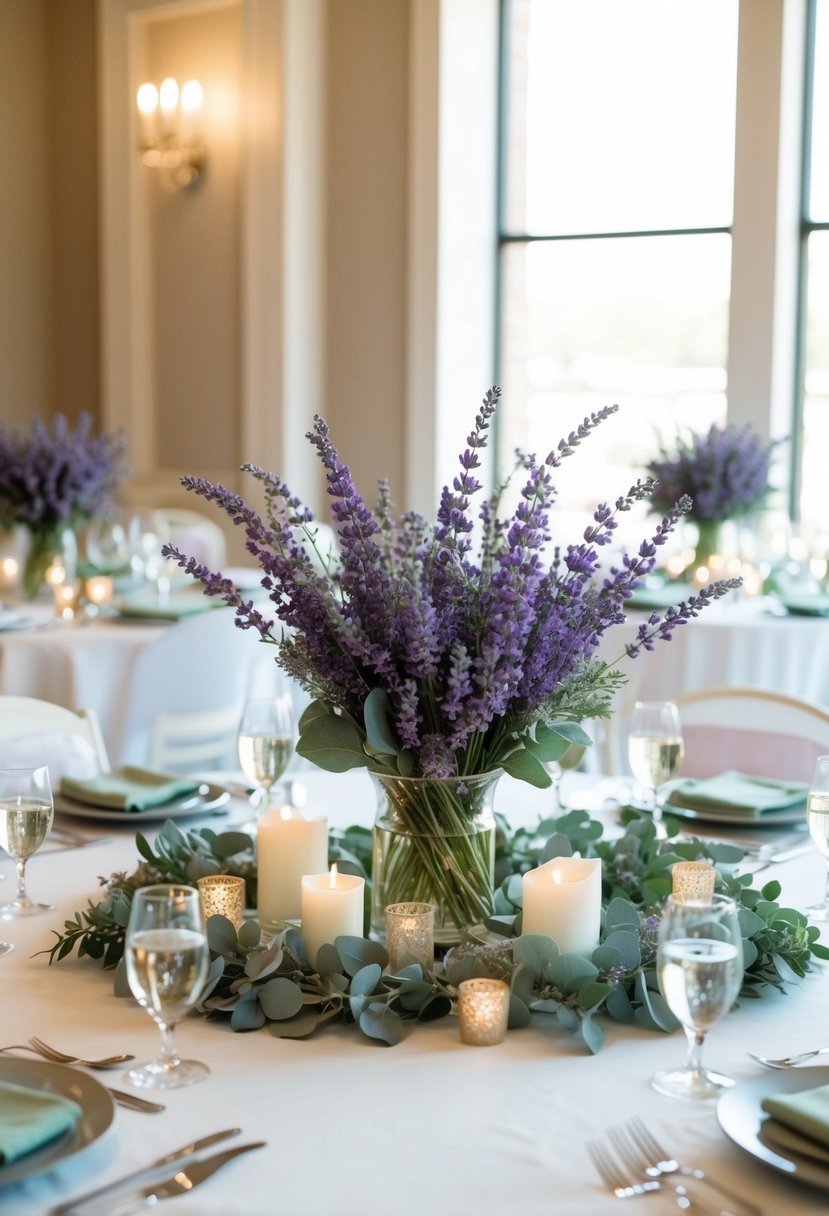 A table adorned with lavender and sage green centerpieces, creating a tranquil and elegant atmosphere for a wedding celebration