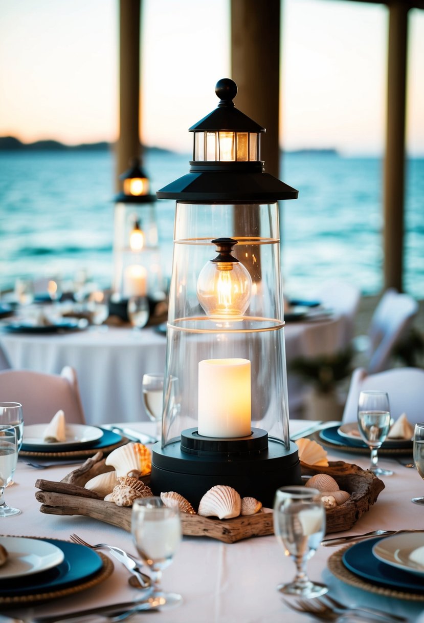 A coastal table setting with lighthouse centerpieces, shells, and driftwood, evoking a marine-themed wedding ambiance