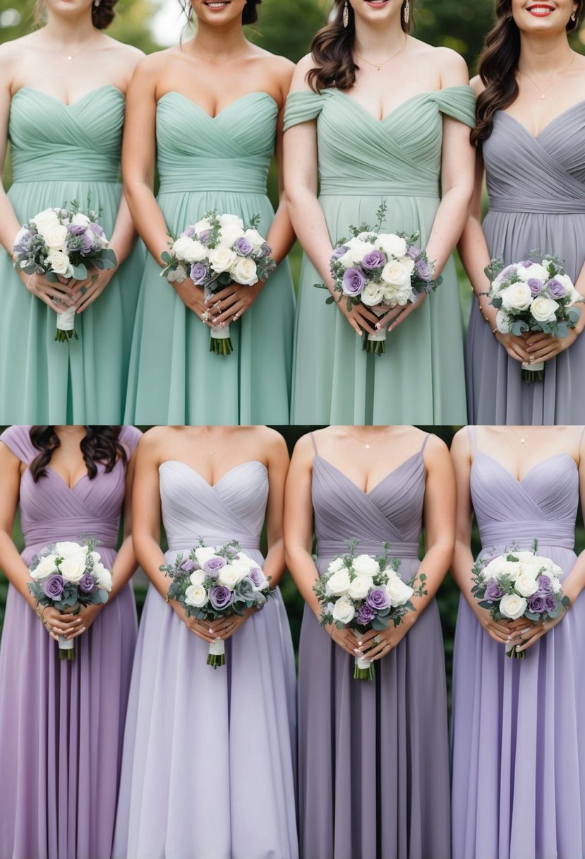 Sage green and lavender bridesmaid dresses arranged in a gradient pattern