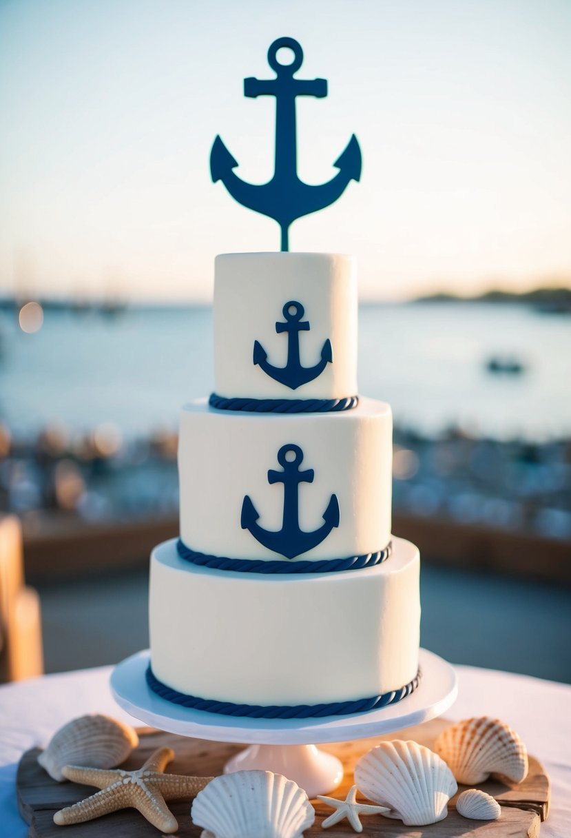 A three-tiered cake with anchor-themed toppers surrounded by shells and starfish