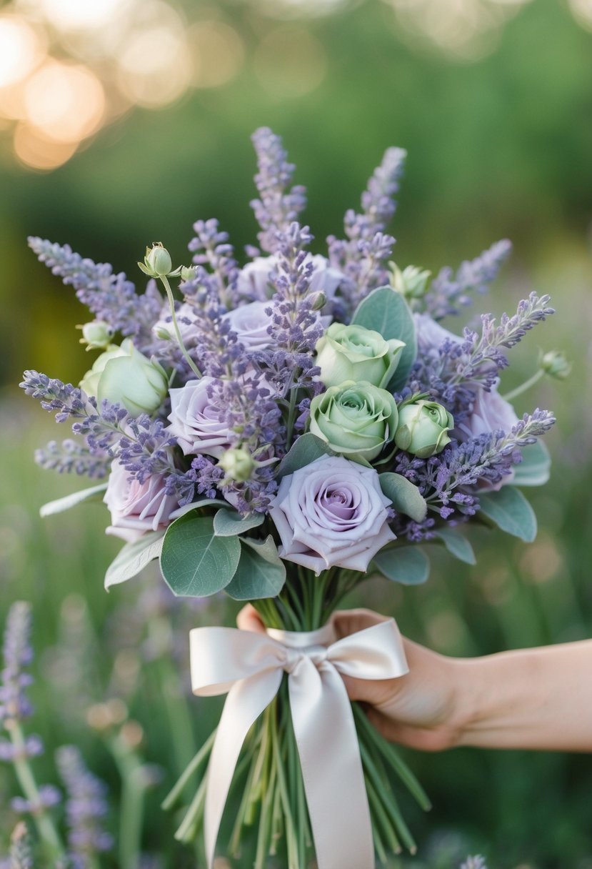 A delicate bouquet of lavender and sage green flowers tied with a satin ribbon