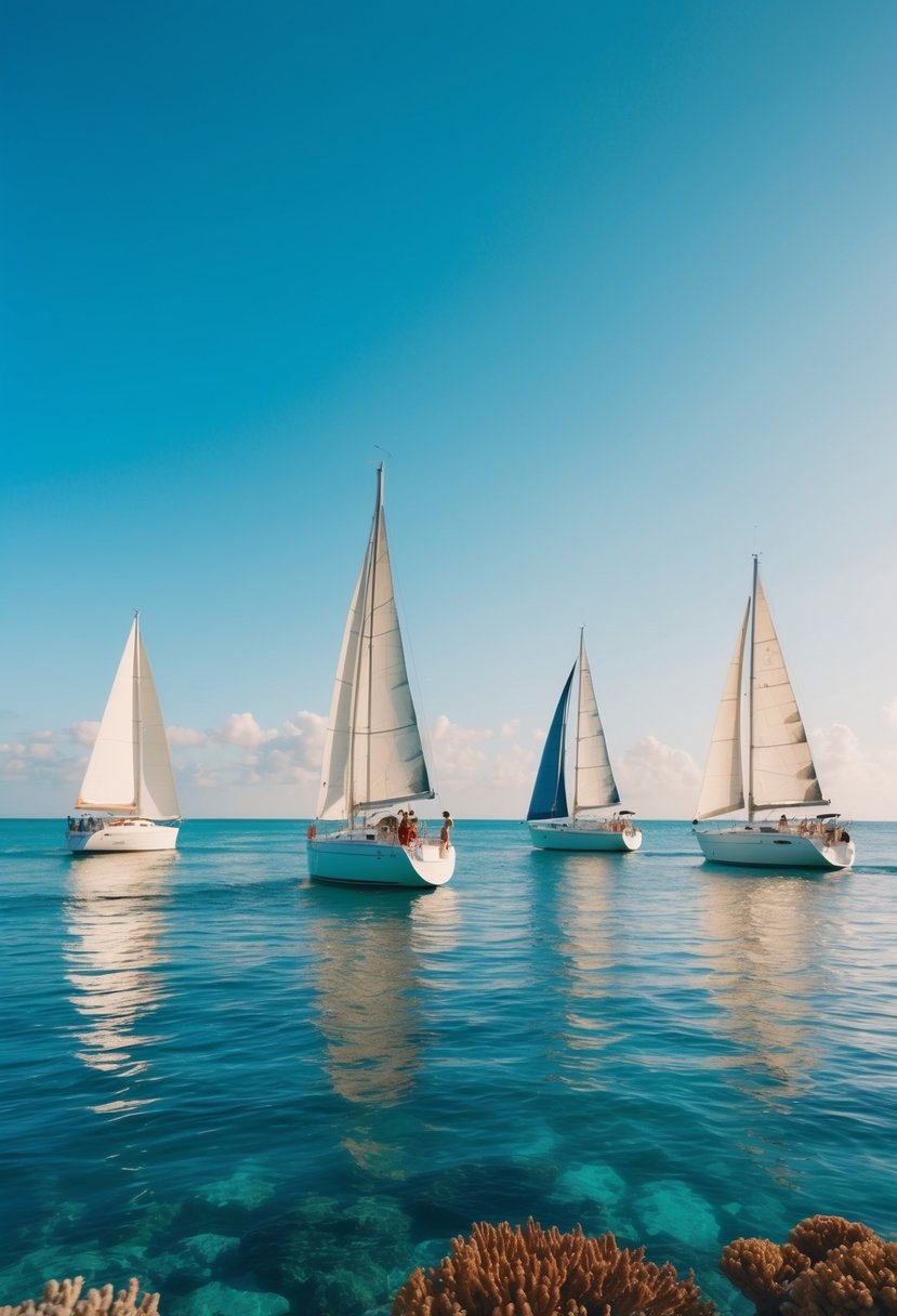 A calm sea with sailboats sailing under a clear blue sky, surrounded by marine life and colorful coral reefs