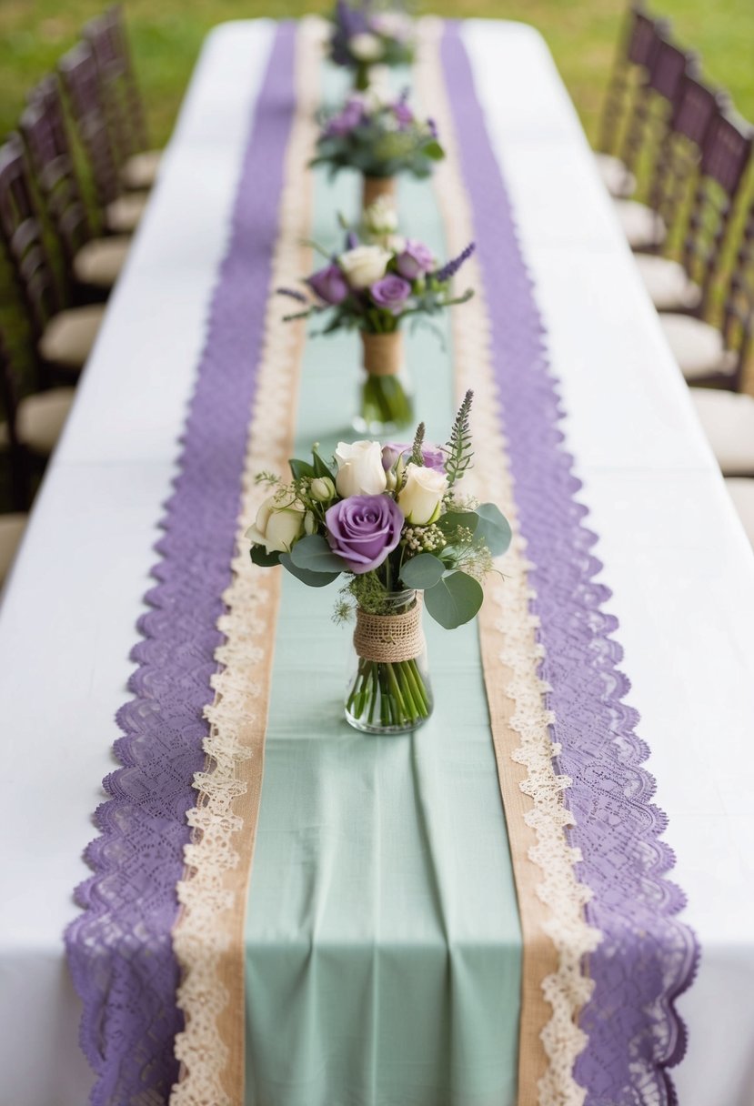 Lavender and sage green table runners made of lace and burlap, arranged in an elegant wedding setting