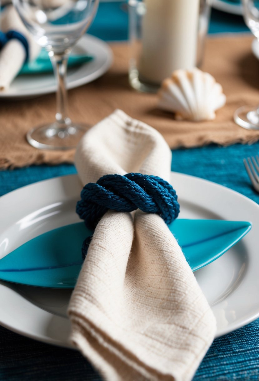 Marine-themed napkin rings made of rope knots on a table setting with seashells and ocean-inspired decor