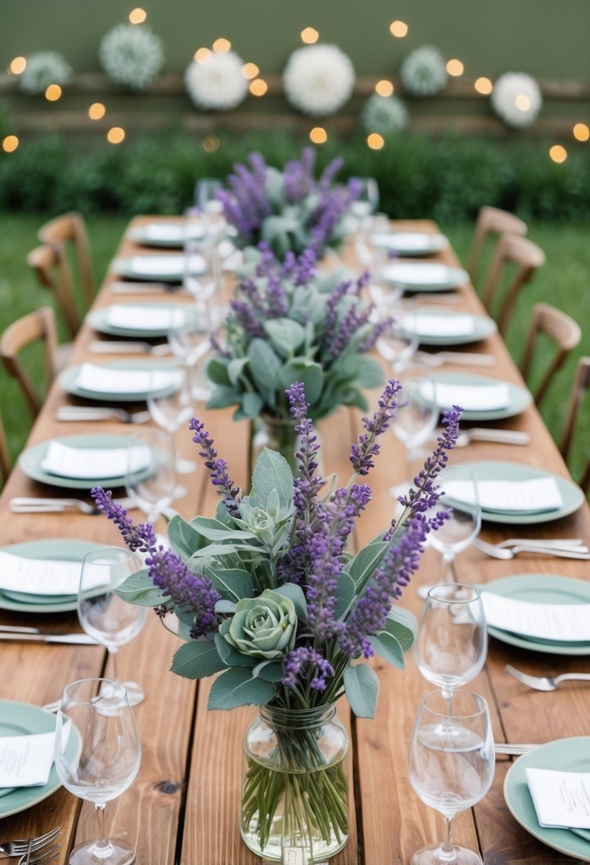 A wooden table with rustic lavender and sage flower arrangements, surrounded by sage green wedding decor