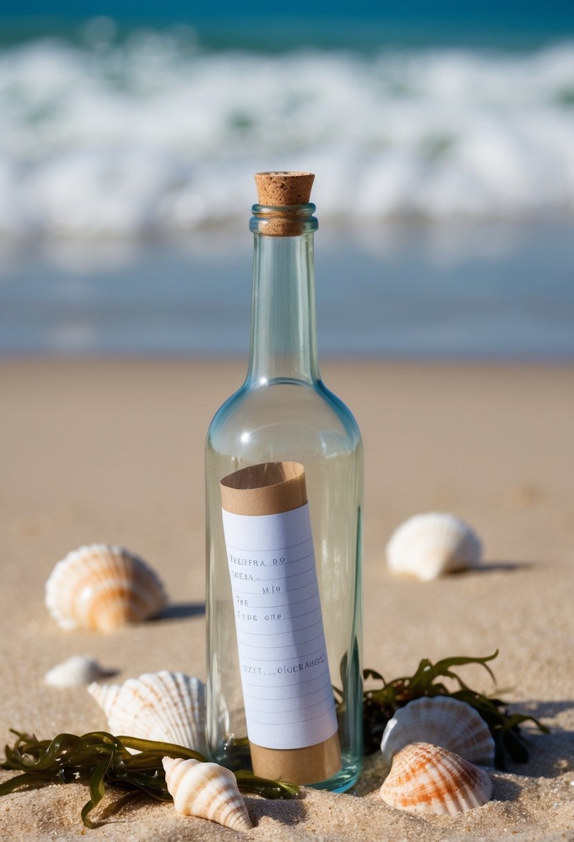 A glass bottle with a rolled-up message inside, surrounded by seashells and seaweed on a sandy beach