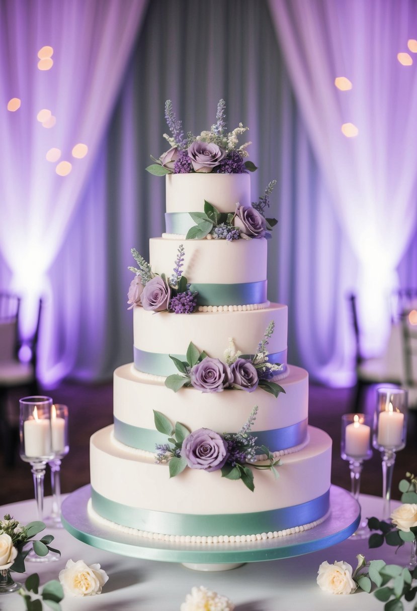 A three-tiered wedding cake adorned with lavender and sage green floral designs, set against a backdrop of coordinating wedding decor