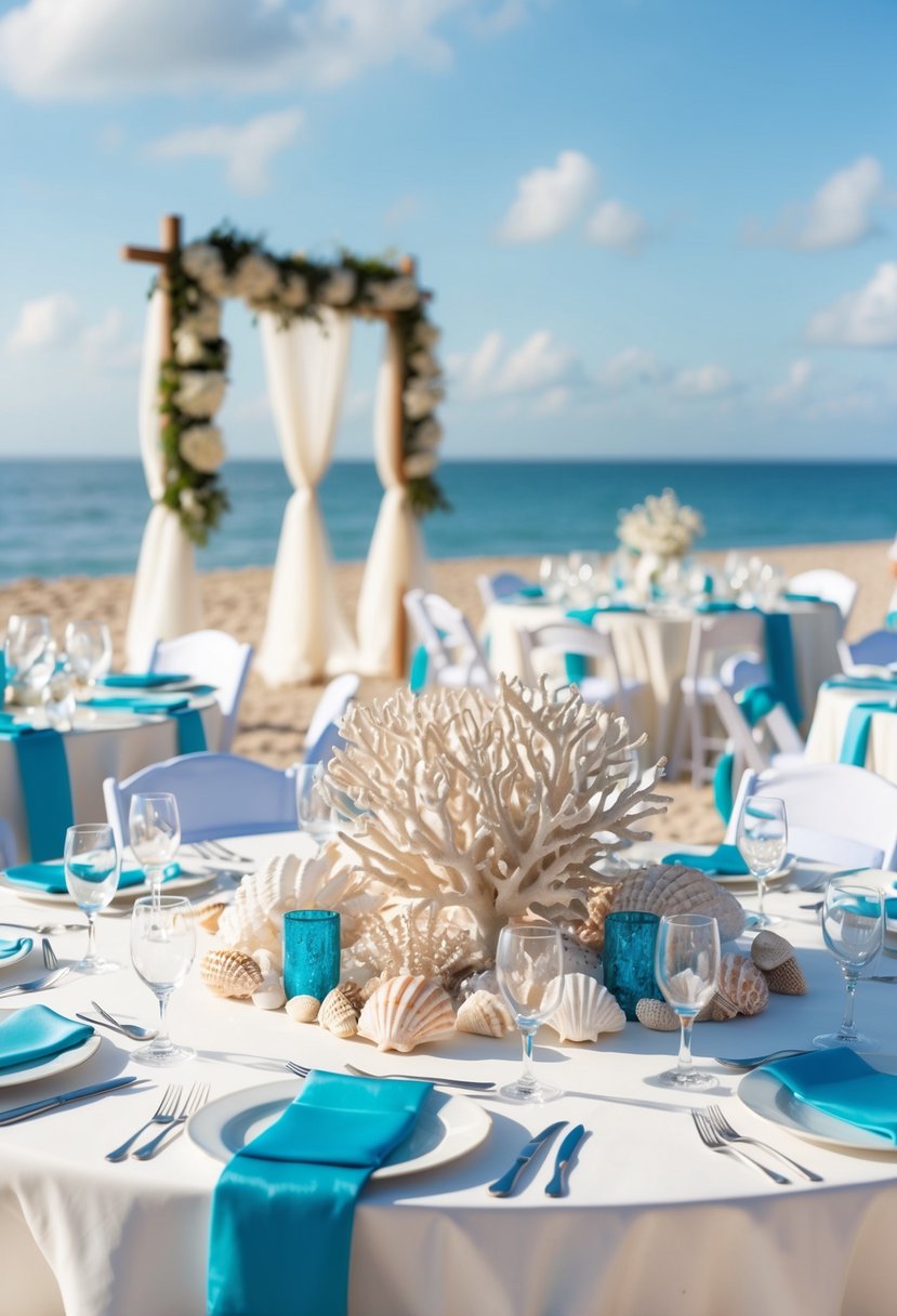 A beachfront wedding reception with coral decor accents, seashells, and marine-themed centerpieces