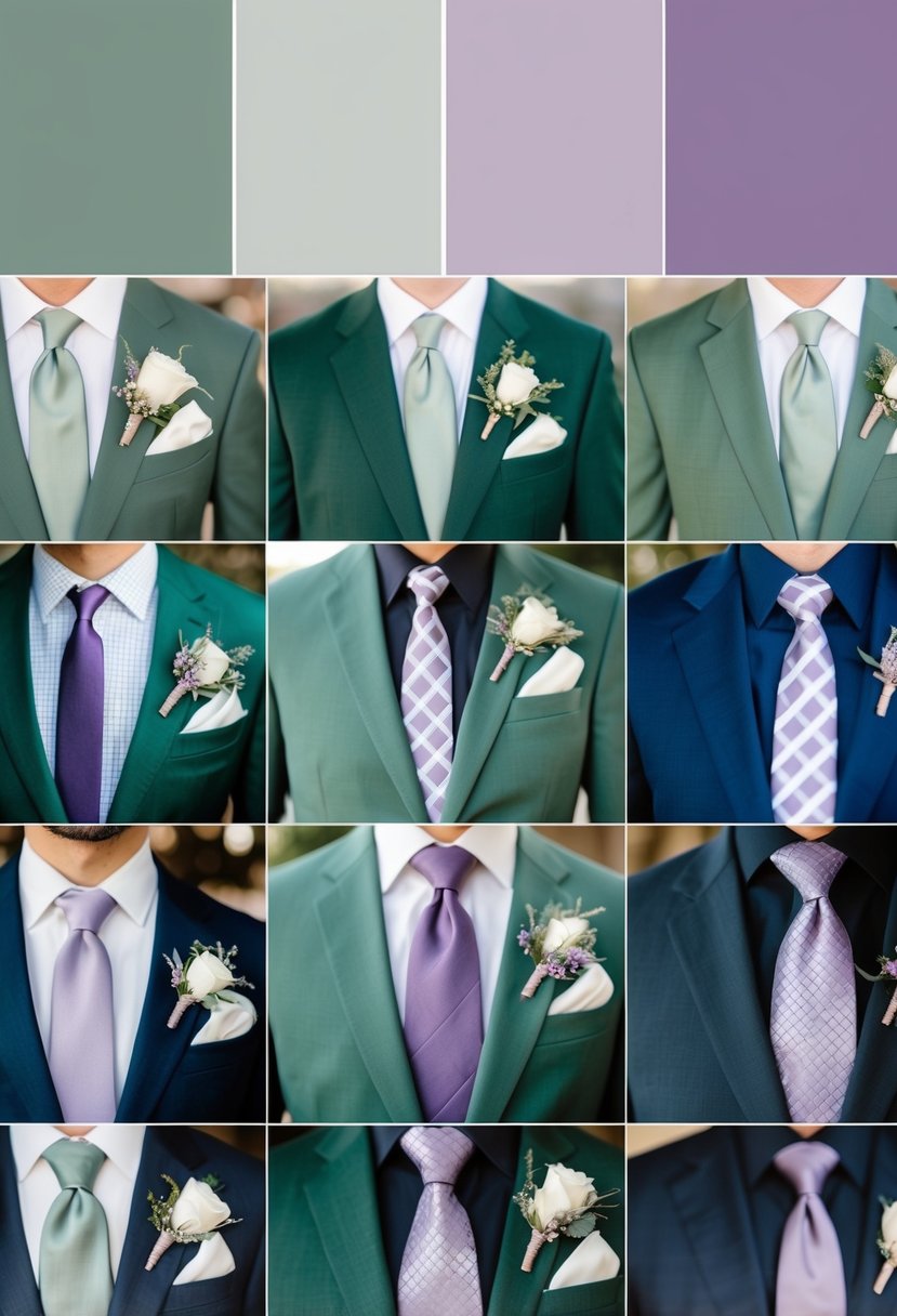 Sage green suits and lavender ties arranged in a wedding color palette