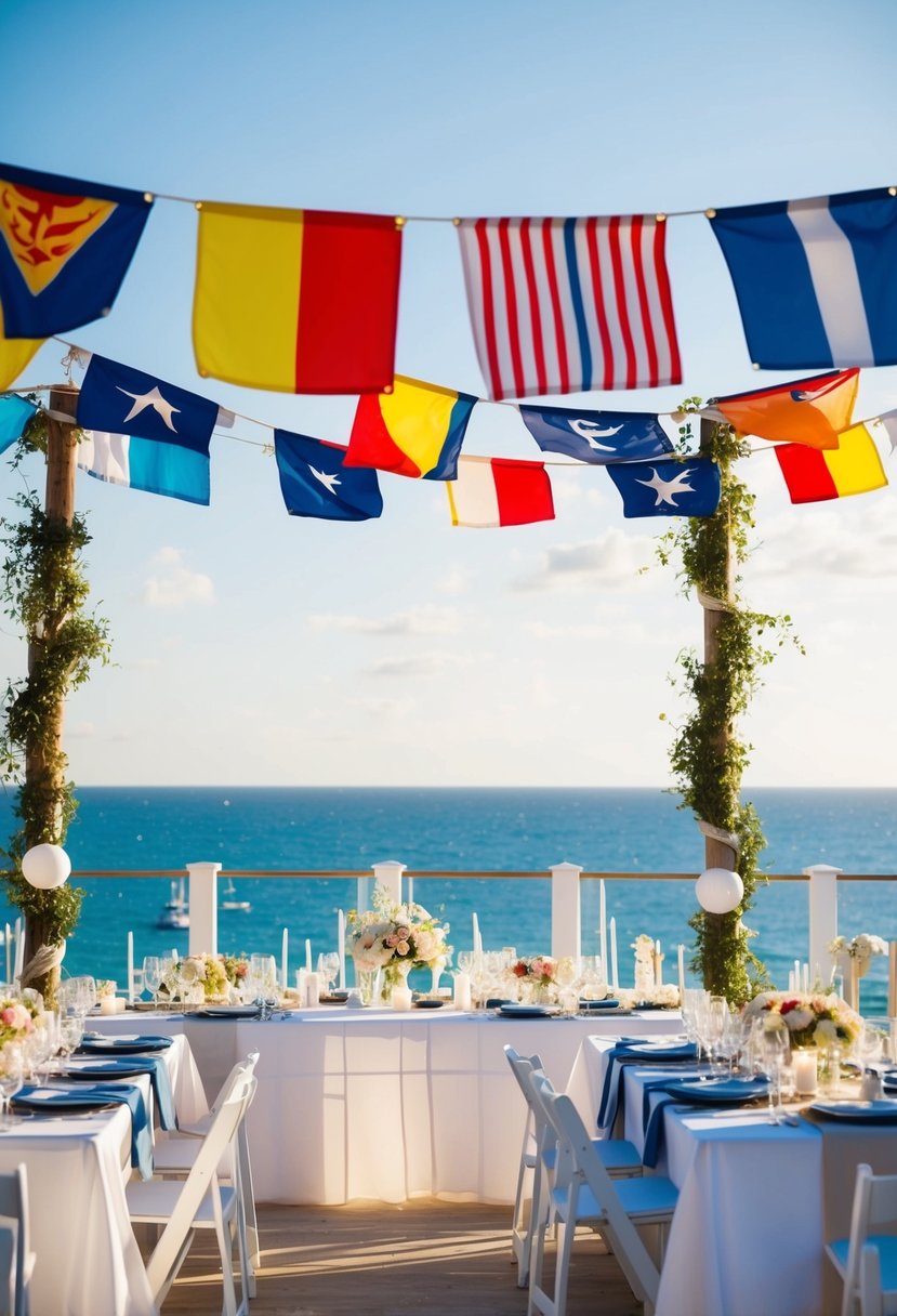 A colorful nautical flags banner flutters in the breeze above a seaside wedding reception, surrounded by maritime decor and ocean views