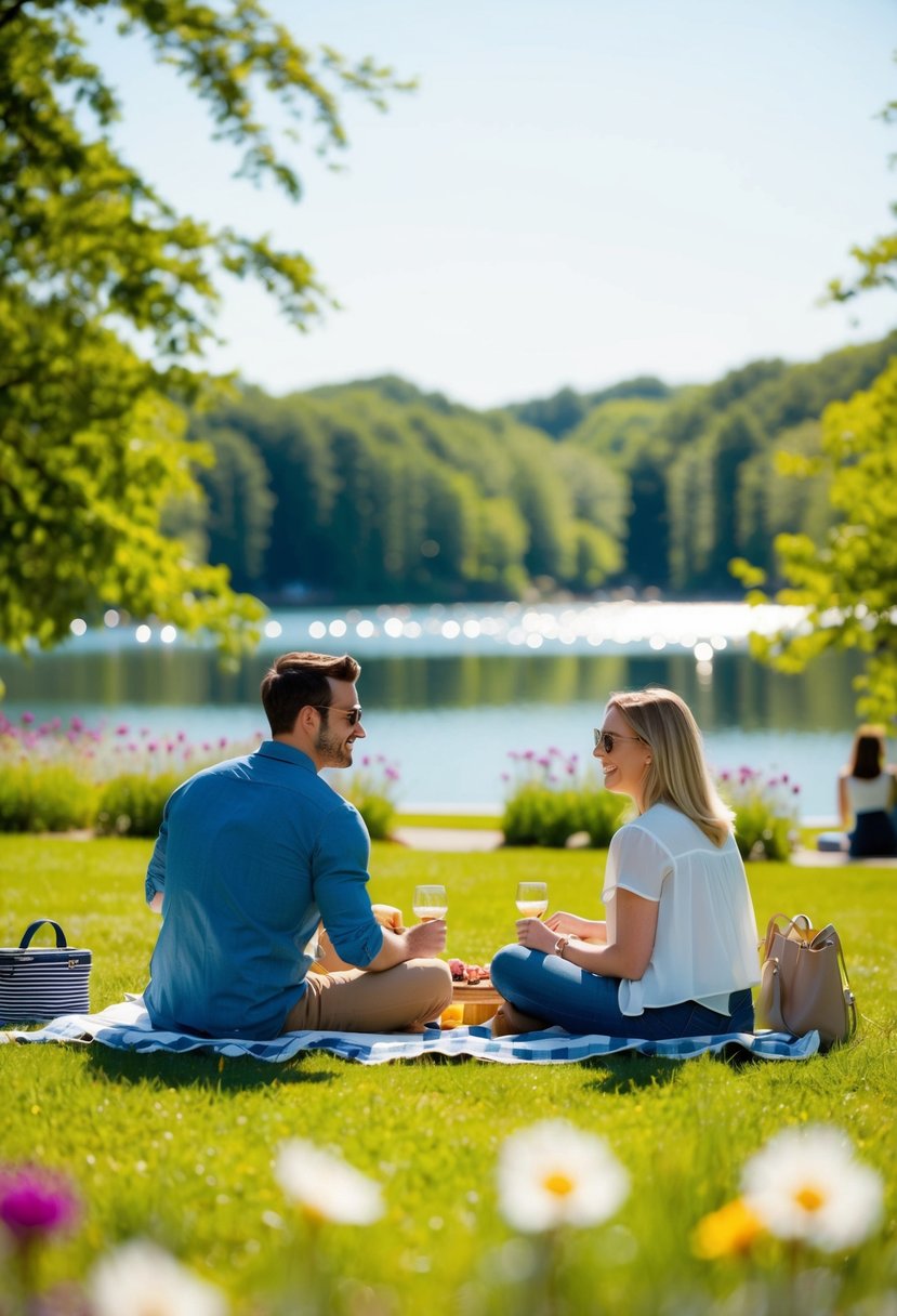 A couple picnicking in a sunny park, surrounded by greenery and flowers, with a view of a sparkling lake in the background