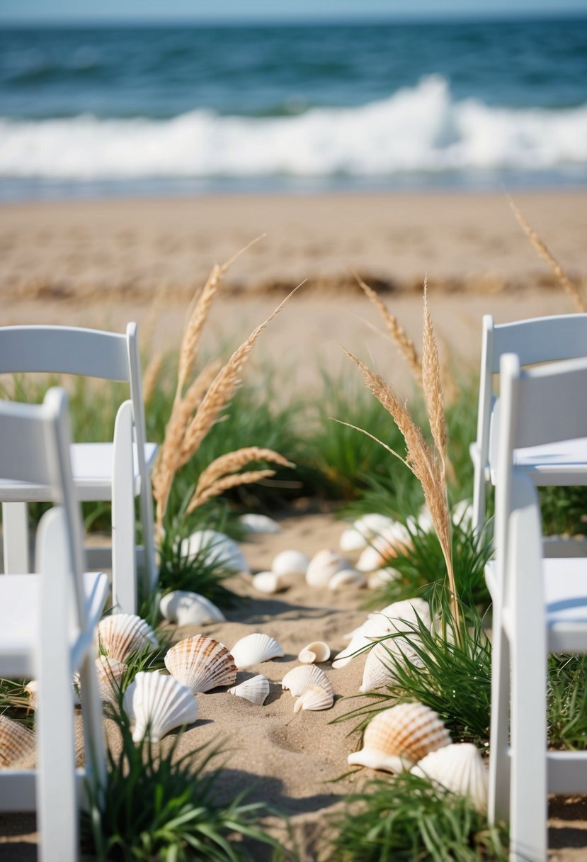 Beach grass and seashells line the aisle, with ocean waves in the background