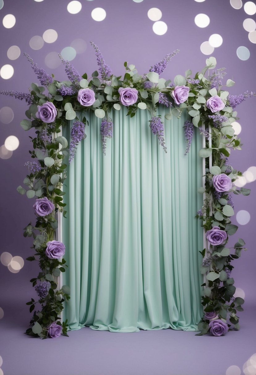 A photo booth backdrop with lavender and sage green flowers and foliage, creating a serene and romantic atmosphere for a wedding