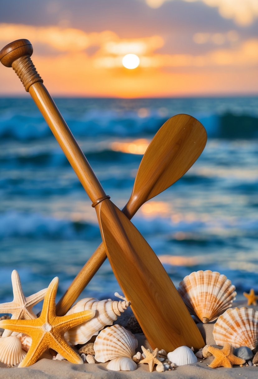 A wooden oar surrounded by seashells, starfish, and coral, with a backdrop of ocean waves and a sunset