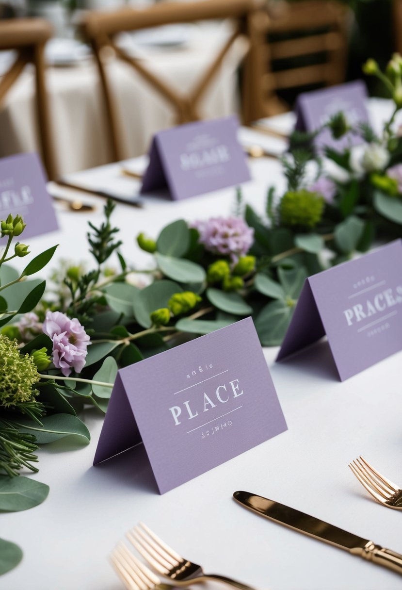 Lavender and sage green place cards arranged on a table with greenery and flowers