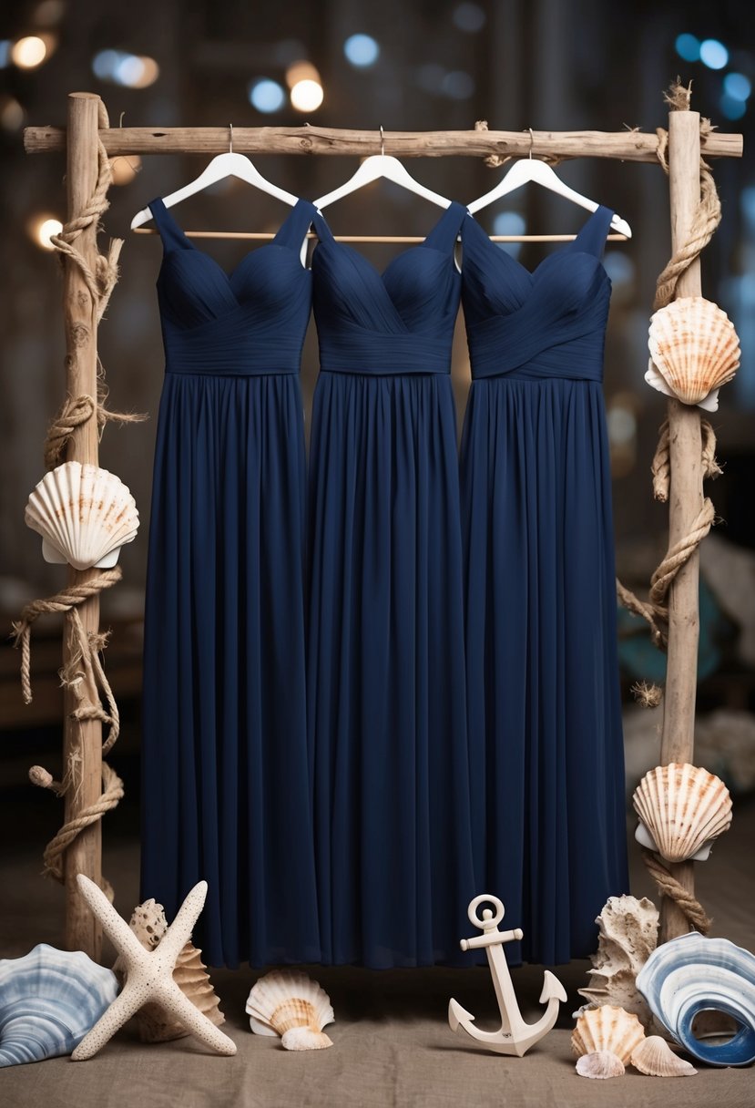 A group of navy blue bridesmaid dresses hanging on a rustic wooden rack, surrounded by nautical decor such as seashells, anchors, and driftwood