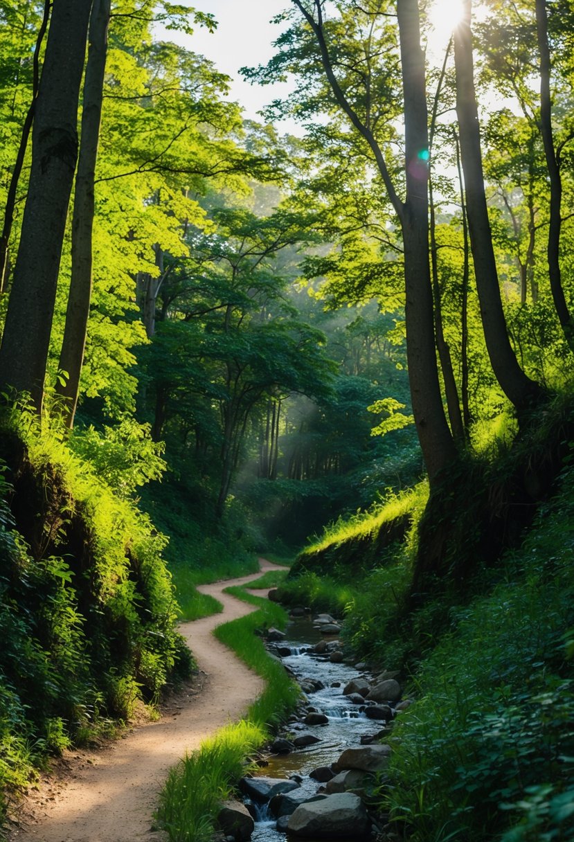 A winding trail through lush forest, with sunlight filtering through the trees and a small stream babbling nearby