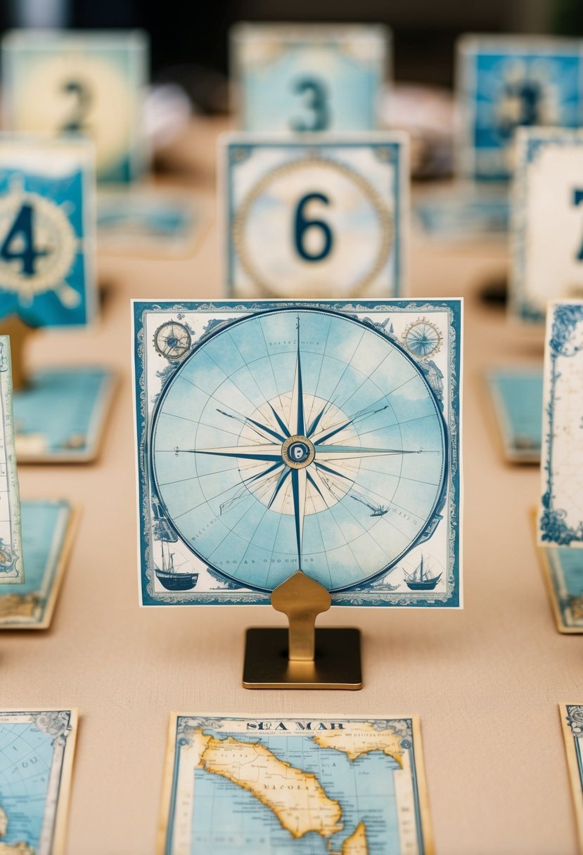 A collection of vintage sea maps arranged on a table, each one featuring intricate nautical details and faded hues, serving as unique table numbers for a marine themed wedding