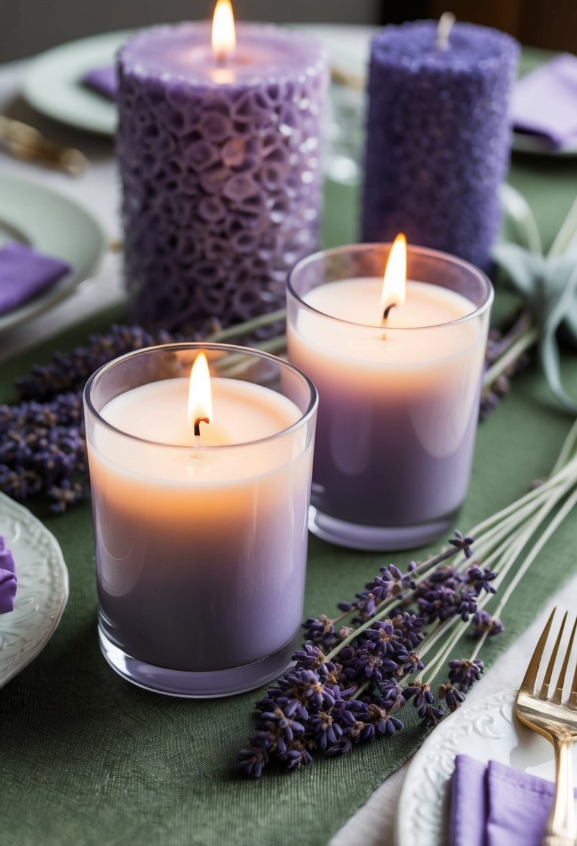 A table set with lavender-scented candles, surrounded by sage green and lavender decor