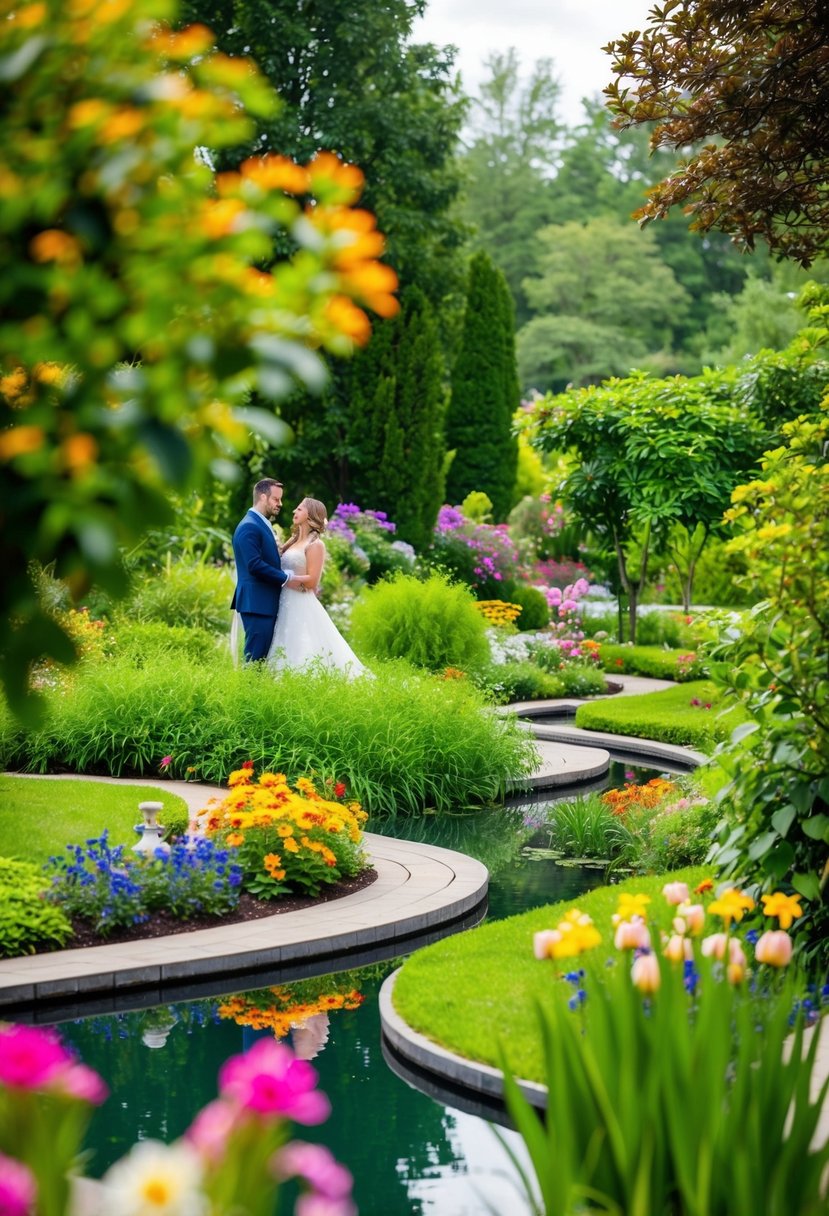 Lush greenery surrounds a tranquil pond, with colorful flowers in full bloom. A winding path leads through the garden, creating a peaceful atmosphere for couples to enjoy