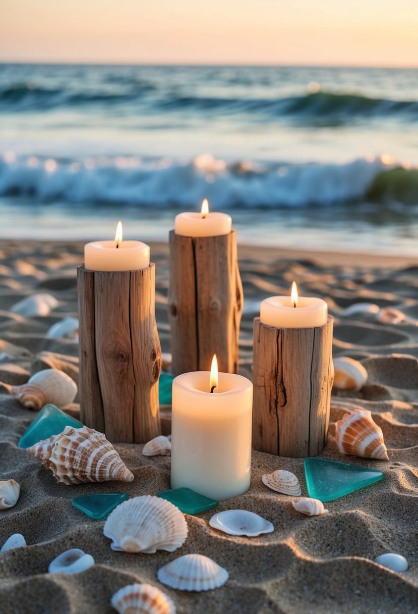 Driftwood candle holders arranged on a sandy beach with seashells and sea glass, surrounded by ocean waves and a sunset