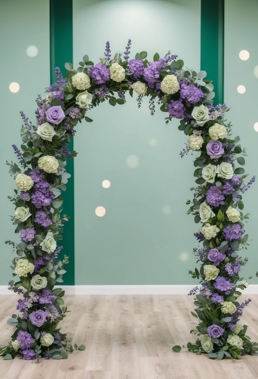 A floral arch with sage and lavender blooms set against a backdrop of sage green accents