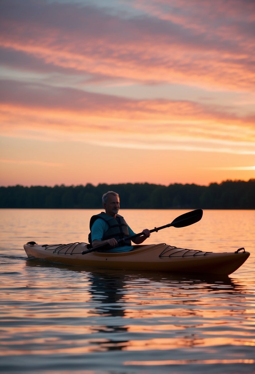 A kayak glides across a calm lake at sunset, with the sky painted in warm hues of orange and pink