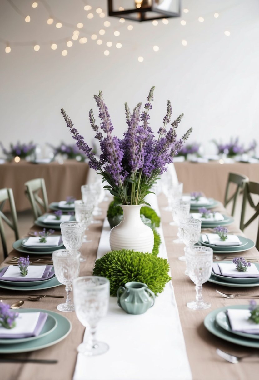 A white and sage tablescape adorned with lavender flowers and accents