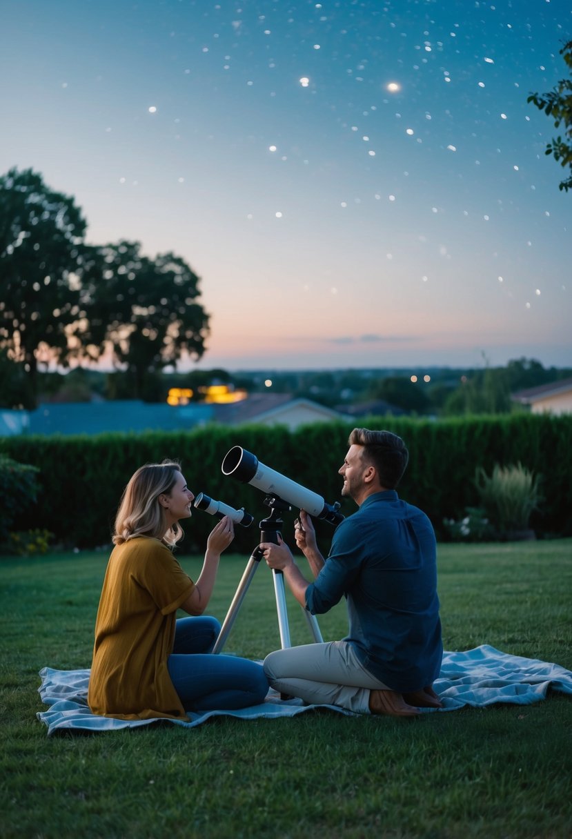 A couple sets up a telescope in their backyard for stargazing on a warm August evening. The sky is clear and filled with twinkling stars