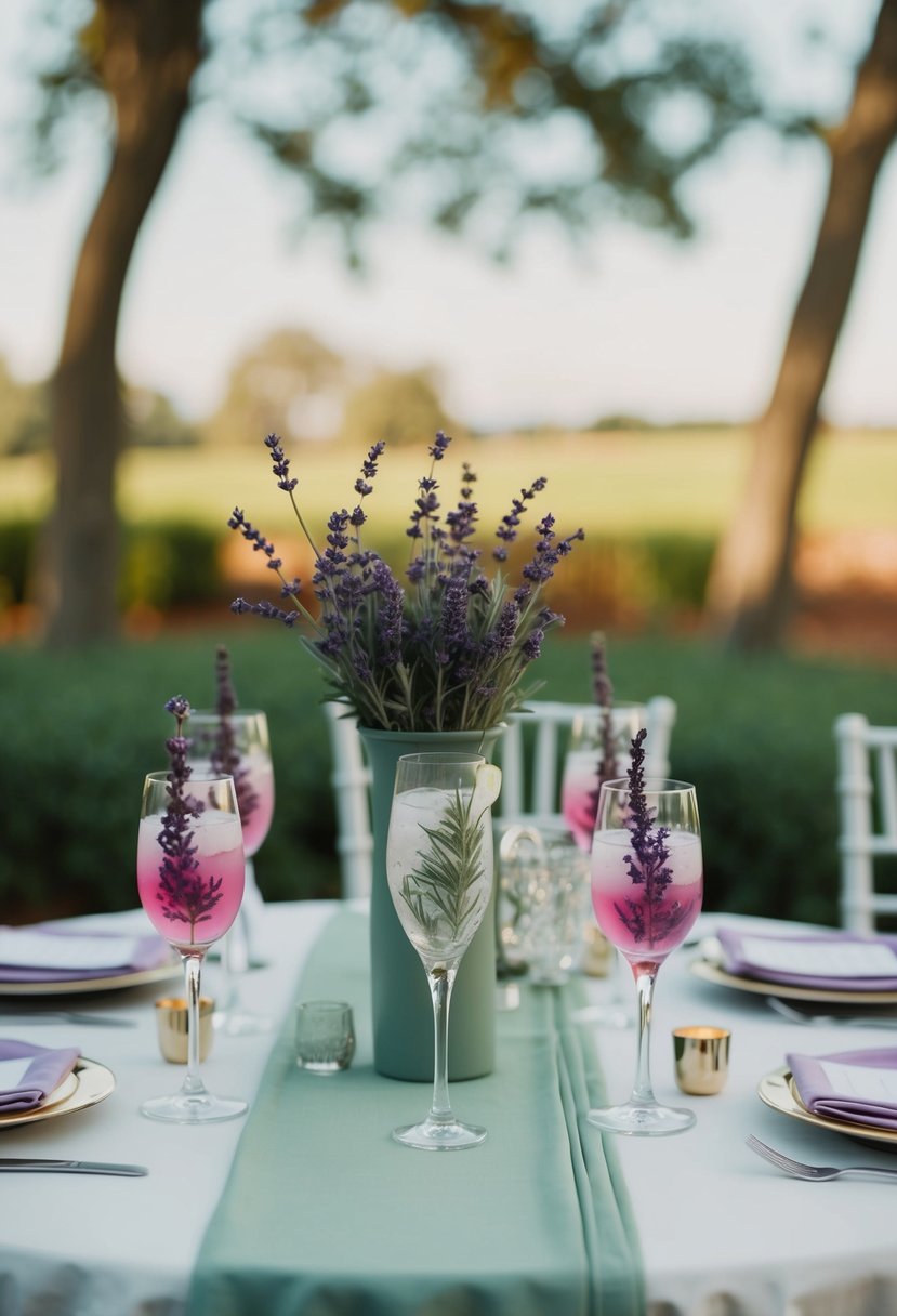 A table set with lavender-infused cocktails and sage green wedding decor