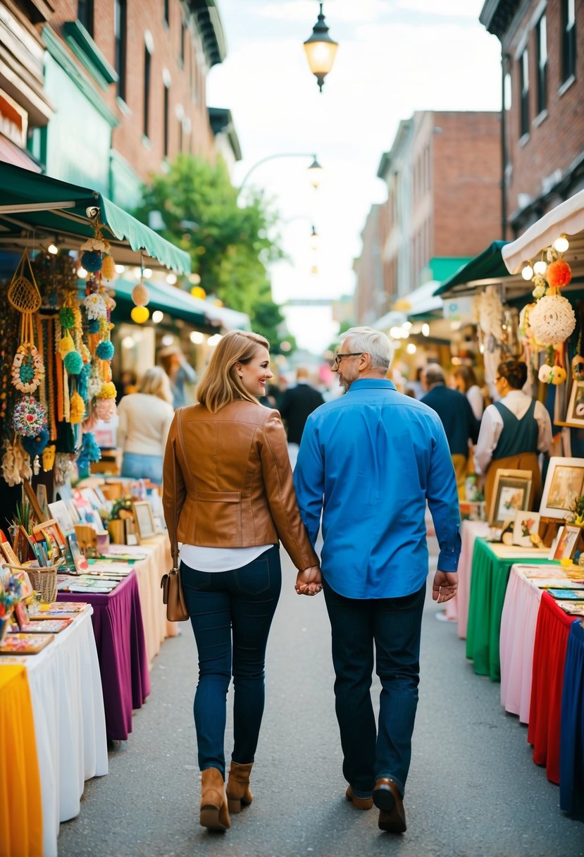 Colorful booths line a bustling street, showcasing handmade art and crafts. Couples stroll hand in hand, admiring the unique creations and enjoying the lively atmosphere