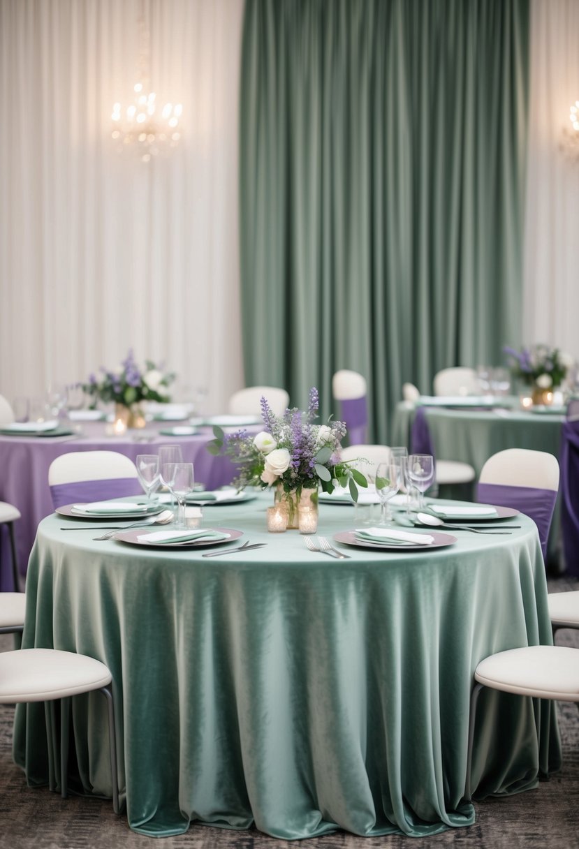 Sage green velvet tablecloths draped over tables, complemented by lavender and sage green decor for a wedding celebration