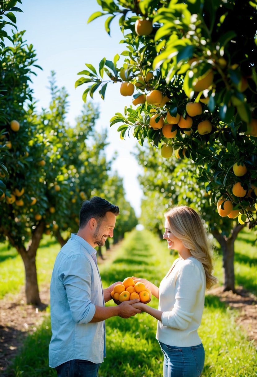 A couple picking ripe fruit in a lush orchard on a sunny day