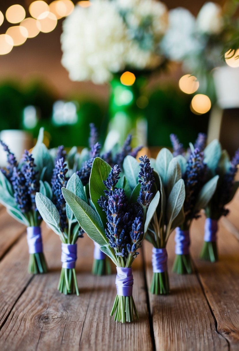 Lavender and sage boutonnieres arranged on a rustic wooden table with green wedding decor in the background