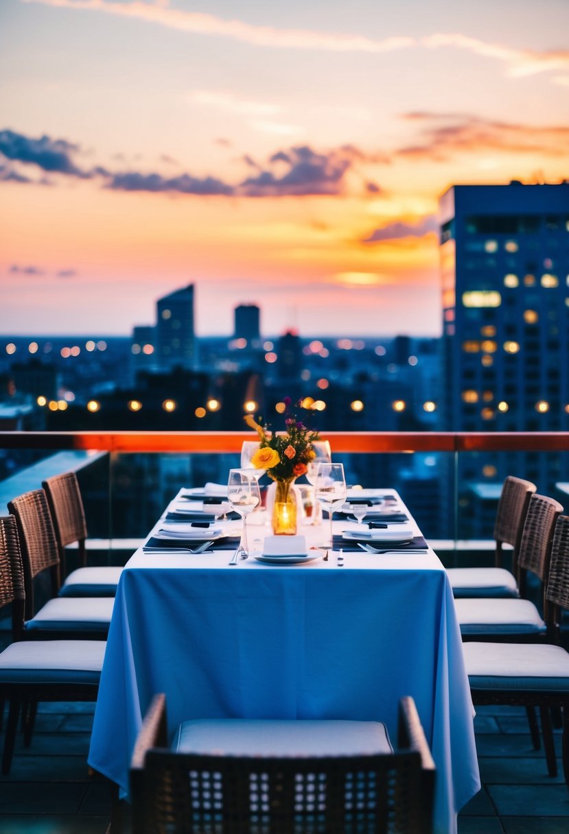 A rooftop dinner with city lights and a sunset view