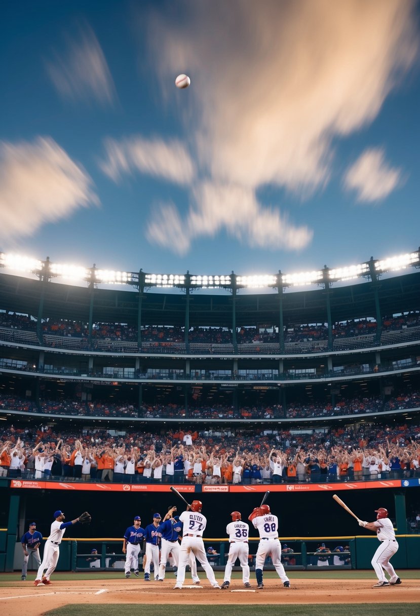 A baseball stadium filled with cheering fans, players on the field, and the crack of the bat as a ball is hit into the air