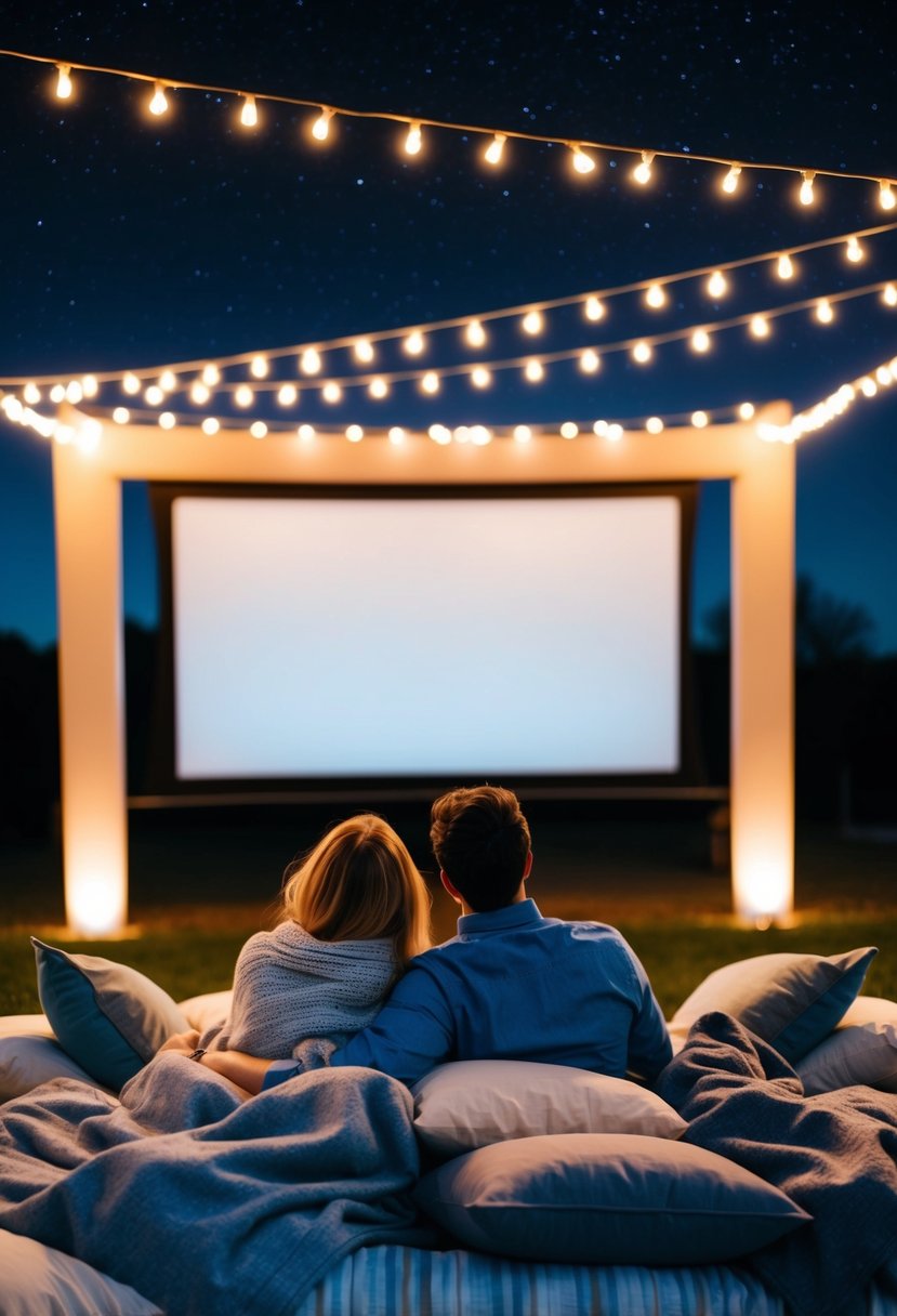 A couple watches a movie under the stars, surrounded by blankets and pillows, with a large screen and twinkling lights overhead