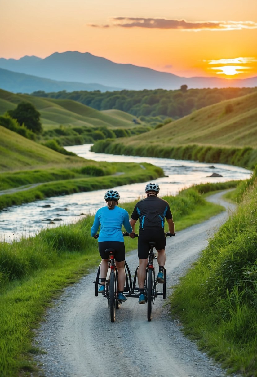 A couple tandem bikes through a lush, winding trail with rolling hills and a sparkling river. The sun sets behind distant mountains, casting a warm glow over the landscape