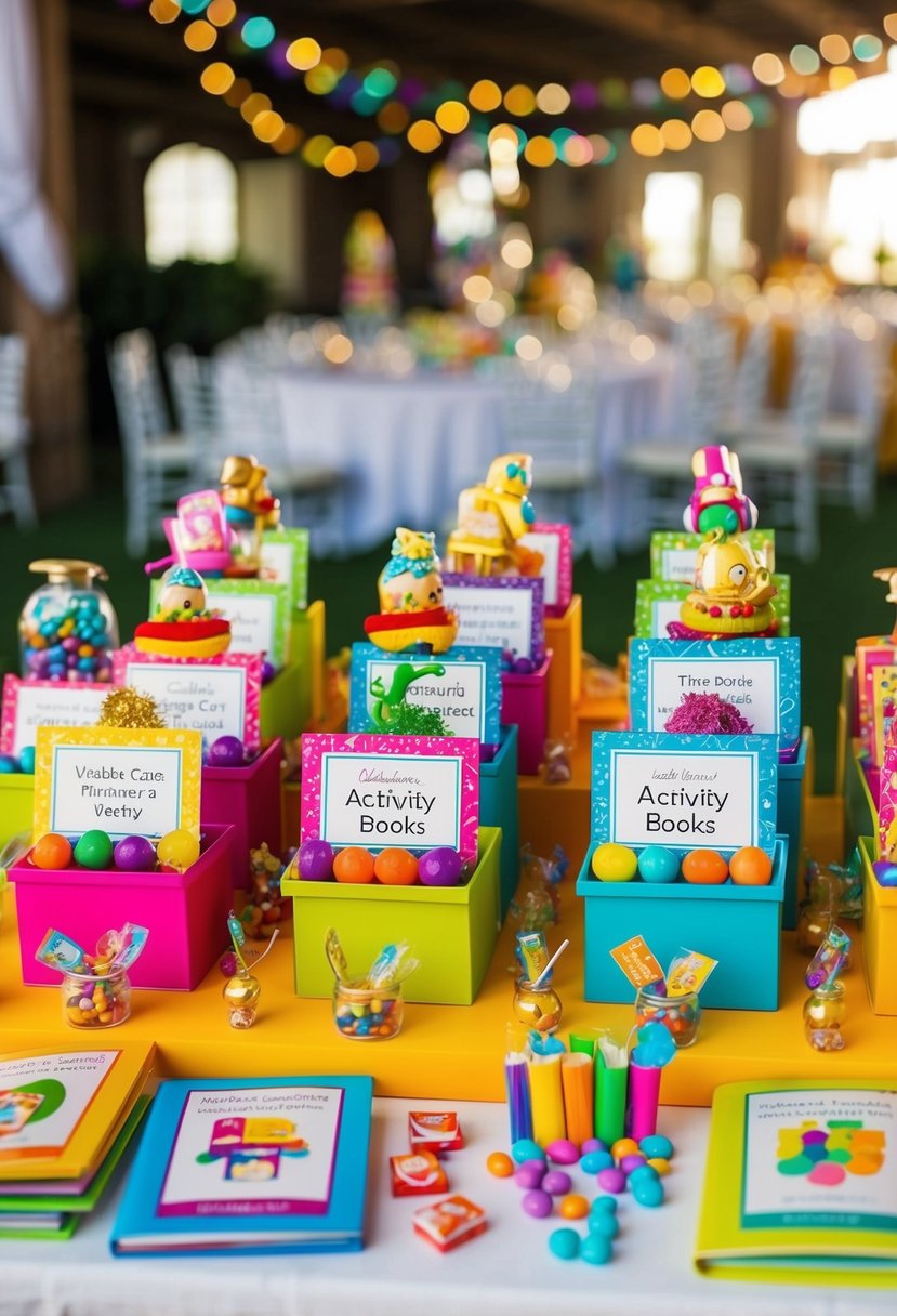 Colorful, whimsical wedding favor display with small toys, candies, and activity books arranged on a table