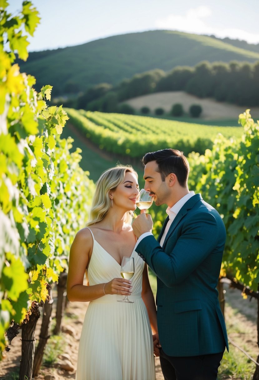 A couple sips wine at a vineyard, surrounded by lush grapevines and rolling hills on a sunny afternoon