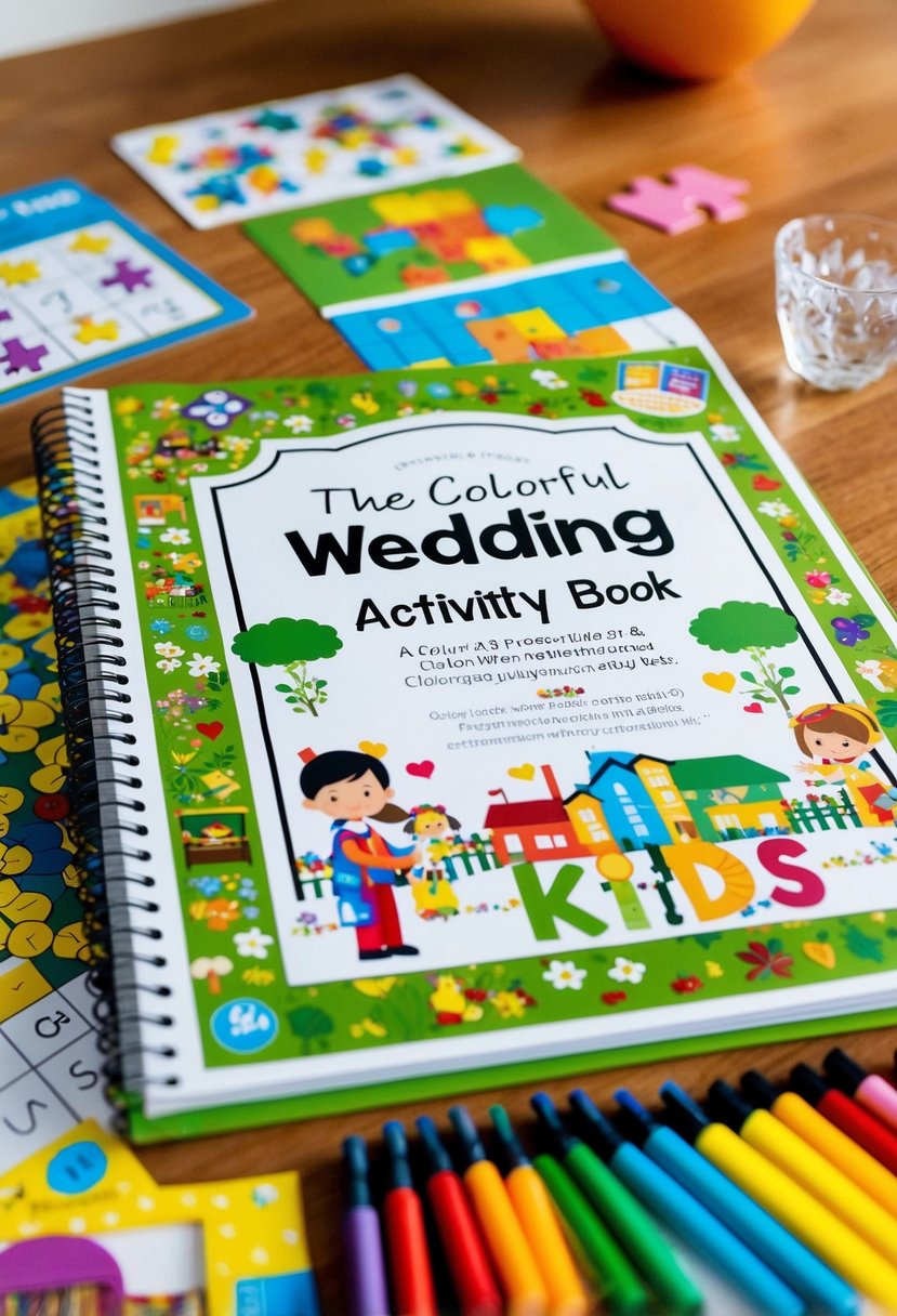 A colorful wedding activity book with puzzles, coloring pages, and games for kids