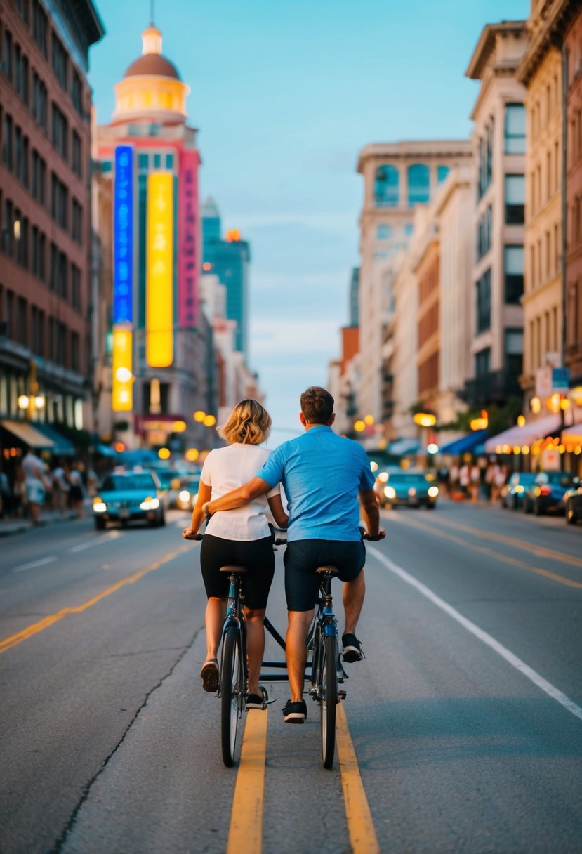 A couple rides a tandem bike through a bustling city, passing by colorful buildings and busy streets on a warm August evening